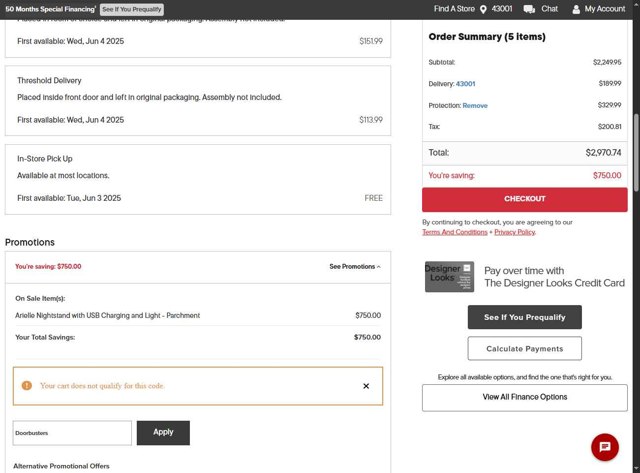 American Signature Furniture checkout page showing American Signature Furniture promo code box | Screenshot taken by SimplyCodes community member on May 19, 2025