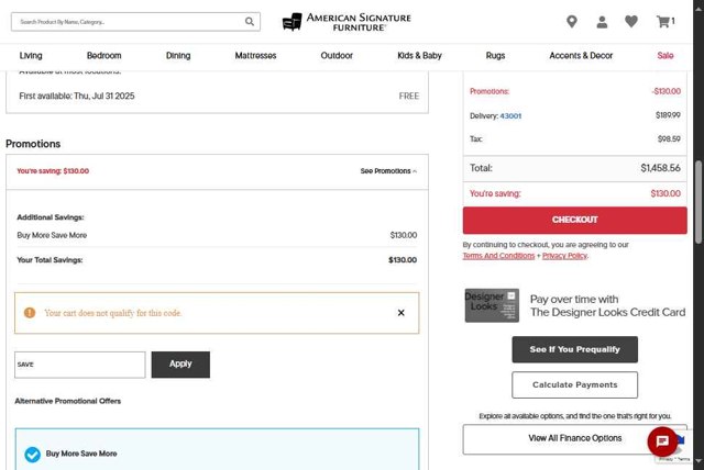 American Signature Furniture checkout page showing American Signature Furniture promo code box | Screenshot taken by SimplyCodes community member on Jul 29, 2025