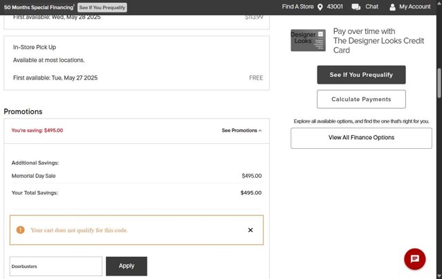 American Signature Furniture checkout page showing American Signature Furniture promo code box | Screenshot taken by SimplyCodes community member on May 19, 2025