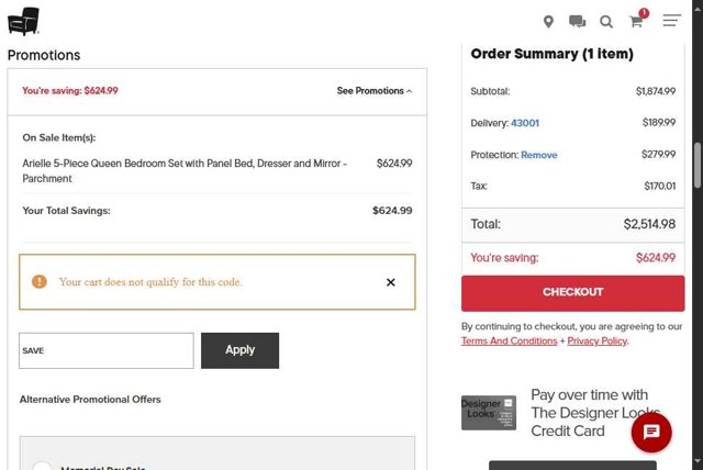 American Signature Furniture checkout page showing American Signature Furniture promo code box | Screenshot taken by SimplyCodes community member on May 16, 2025