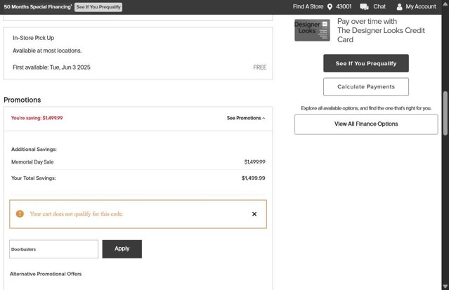 American Signature Furniture checkout page showing American Signature Furniture promo code box | Screenshot taken by SimplyCodes community member on May 19, 2025