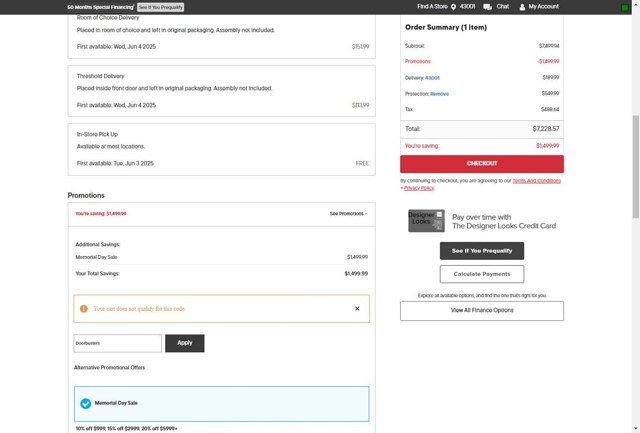 American Signature Furniture checkout page showing American Signature Furniture promo code box | Screenshot taken by SimplyCodes community member on May 19, 2025
