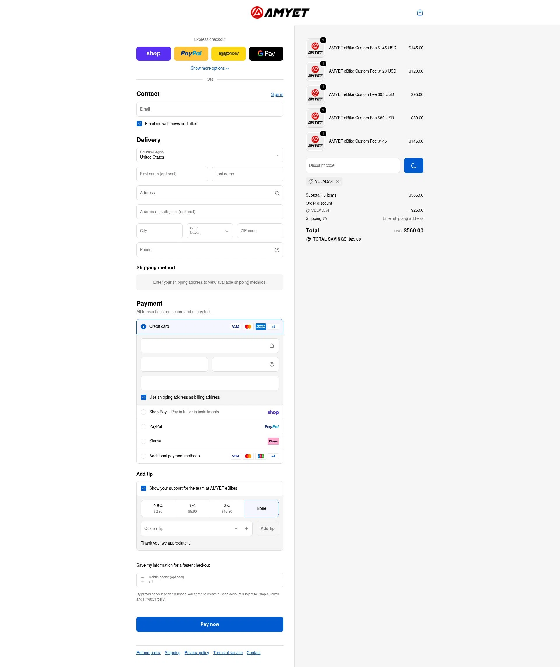 AMYET eBikes checkout page showing AMYET eBikes promo code box | Screenshot taken by SimplyCodes community member on Feb 19, 2026