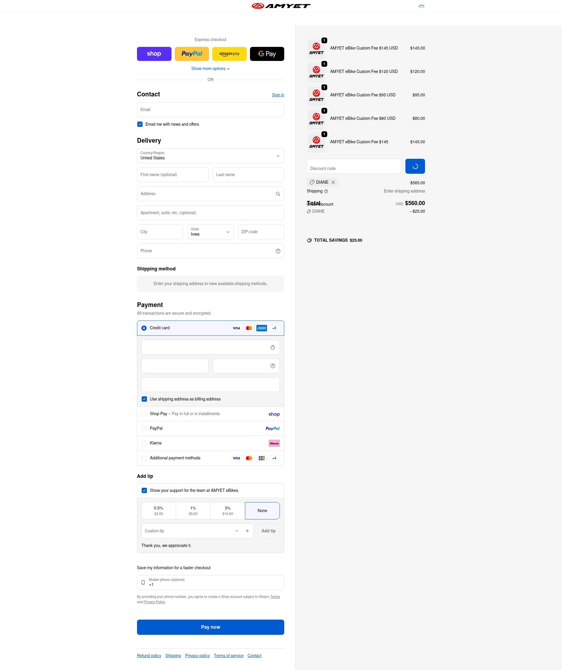AMYET eBikes checkout page showing AMYET eBikes promo code box | Screenshot taken by SimplyCodes community member on Feb 19, 2026