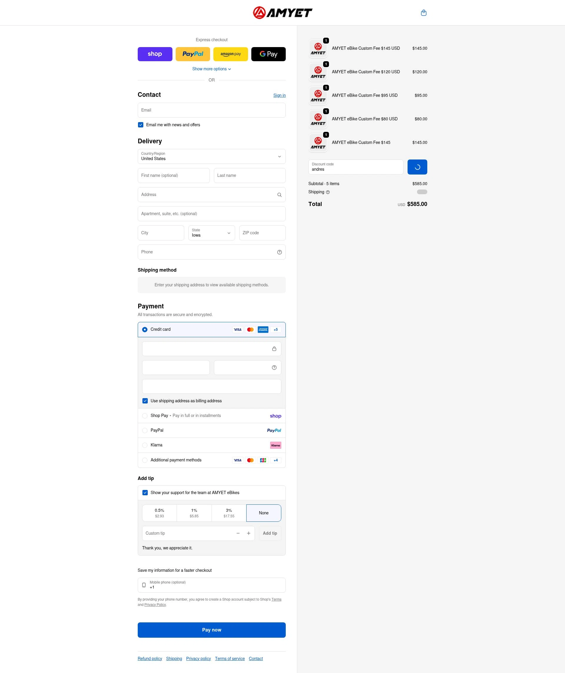 AMYET eBikes checkout page showing AMYET eBikes promo code box | Screenshot taken by SimplyCodes community member on Feb 19, 2026