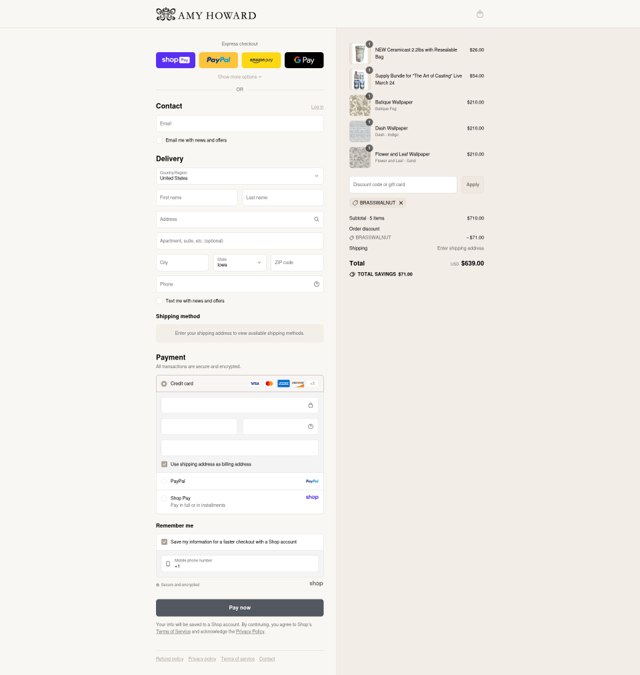 Amy Howard checkout page showing Amy Howard discount code box | Screenshot taken by SimplyCodes community member on Aug 27, 2025