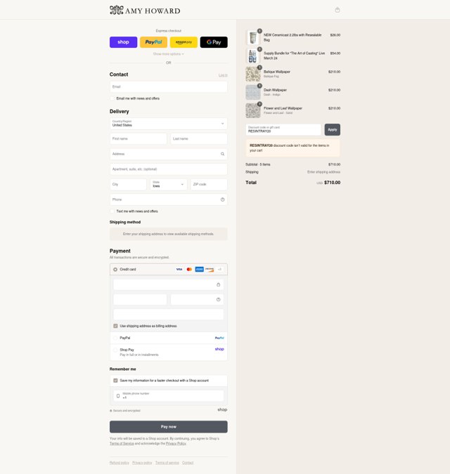 Amy Howard checkout page showing Amy Howard discount code box | Screenshot taken by SimplyCodes community member on Sep 4, 2025