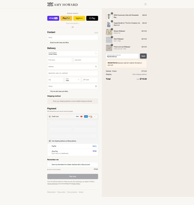 Amy Howard checkout page showing Amy Howard discount code box | Screenshot taken by SimplyCodes community member on Aug 27, 2025