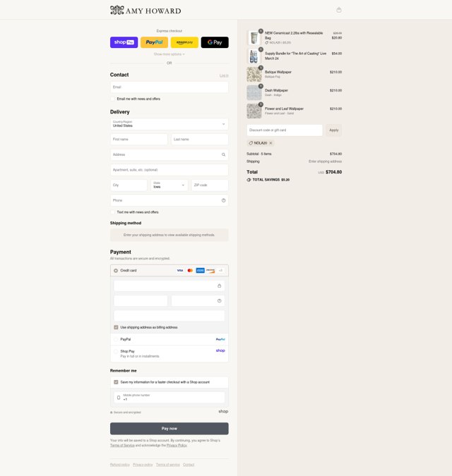 Amy Howard checkout page showing Amy Howard discount code box | Screenshot taken by SimplyCodes community member on Aug 27, 2025