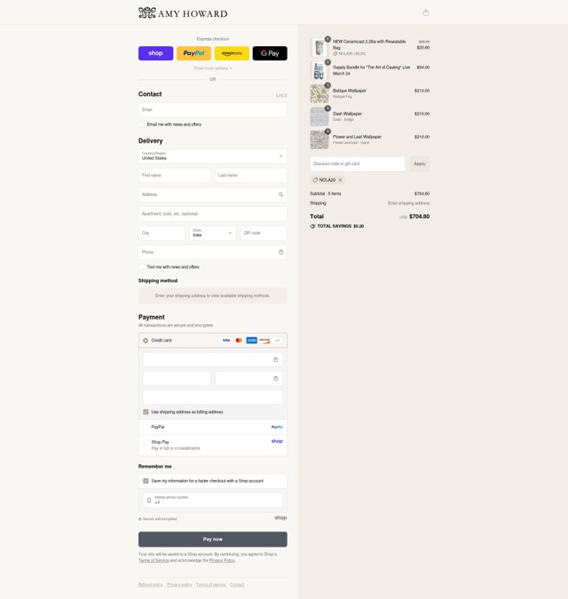 Amy Howard checkout page showing Amy Howard discount code box | Screenshot taken by SimplyCodes community member on Sep 4, 2025