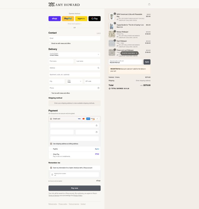 Amy Howard checkout page showing Amy Howard discount code box | Screenshot taken by SimplyCodes community member on Aug 31, 2025
