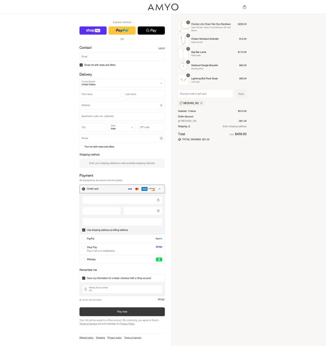 AMY O Jewelry checkout page showing AMY O Jewelry discount code box | Screenshot taken by SimplyCodes community member on Aug 24, 2025
