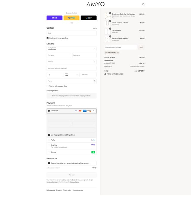 AMY O Jewelry checkout page showing AMY O Jewelry discount code box | Screenshot taken by SimplyCodes community member on Sep 2, 2025