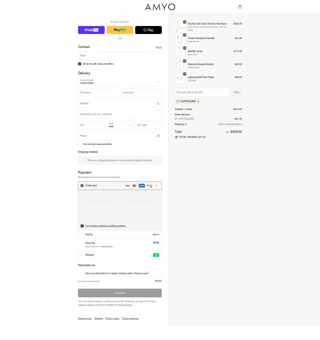 AMY O Jewelry checkout page showing AMY O Jewelry discount code box | Screenshot taken by SimplyCodes community member on Aug 24, 2025