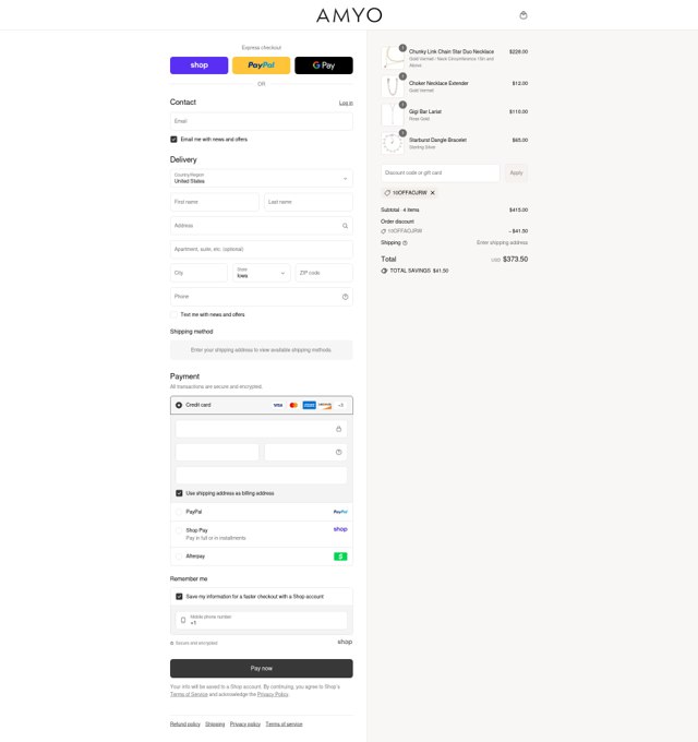 AMY O Jewelry checkout page showing AMY O Jewelry discount code box | Screenshot taken by SimplyCodes community member on Aug 28, 2025