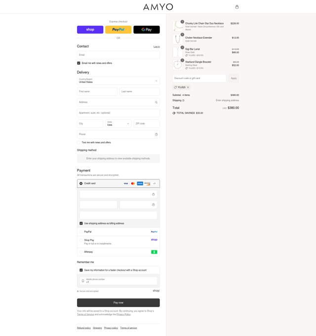 AMY O Jewelry checkout page showing AMY O Jewelry discount code box | Screenshot taken by SimplyCodes community member on Sep 1, 2025