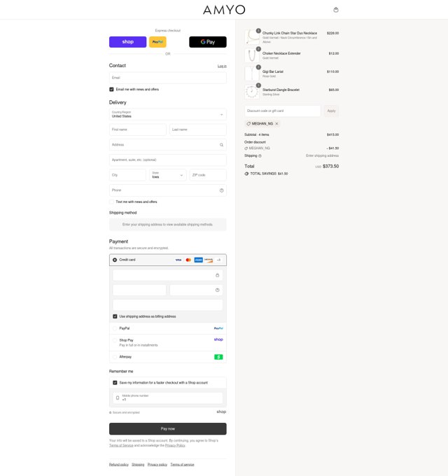 AMY O Jewelry checkout page showing AMY O Jewelry discount code box | Screenshot taken by SimplyCodes community member on Aug 28, 2025