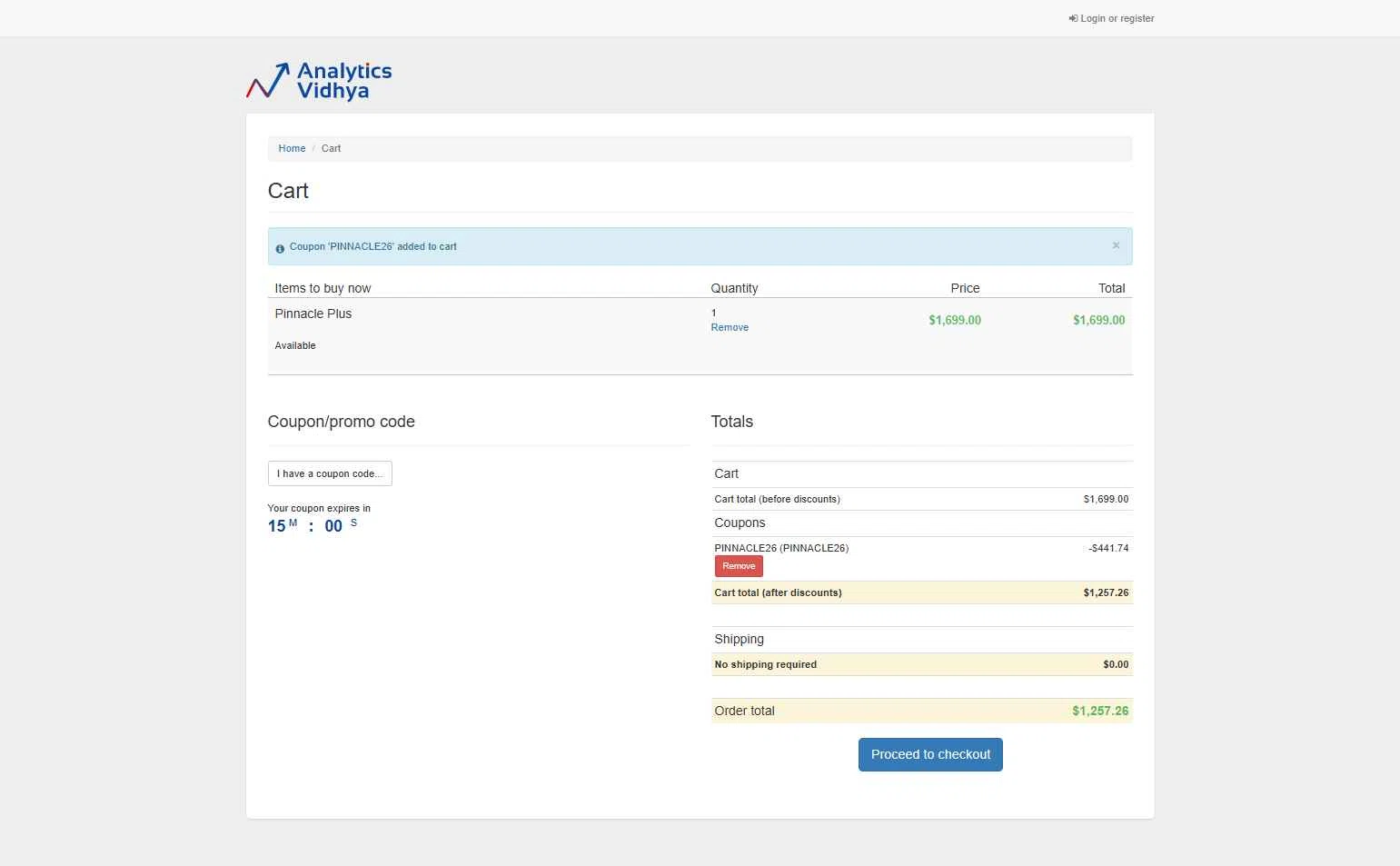 Analytics Vidhya checkout page showing Analytics Vidhya coupon code box | Screenshot taken by SimplyCodes community member on Jan 30, 2026