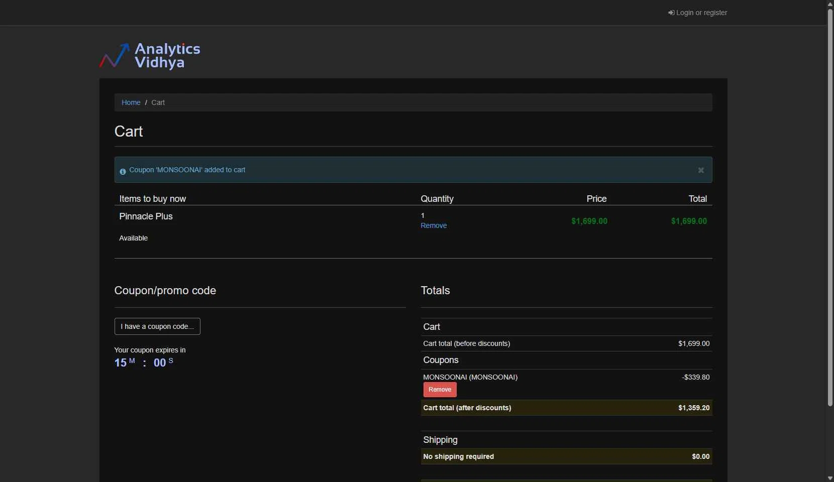 Analytics Vidhya checkout page showing Analytics Vidhya coupon code box | Screenshot taken by SimplyCodes community member on Jul 24, 2025