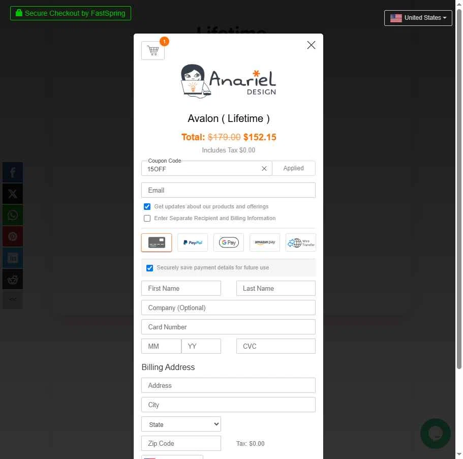 Anariel Design checkout page showing Anariel Design promo code box | Screenshot taken by SimplyCodes community member on May 1, 2025