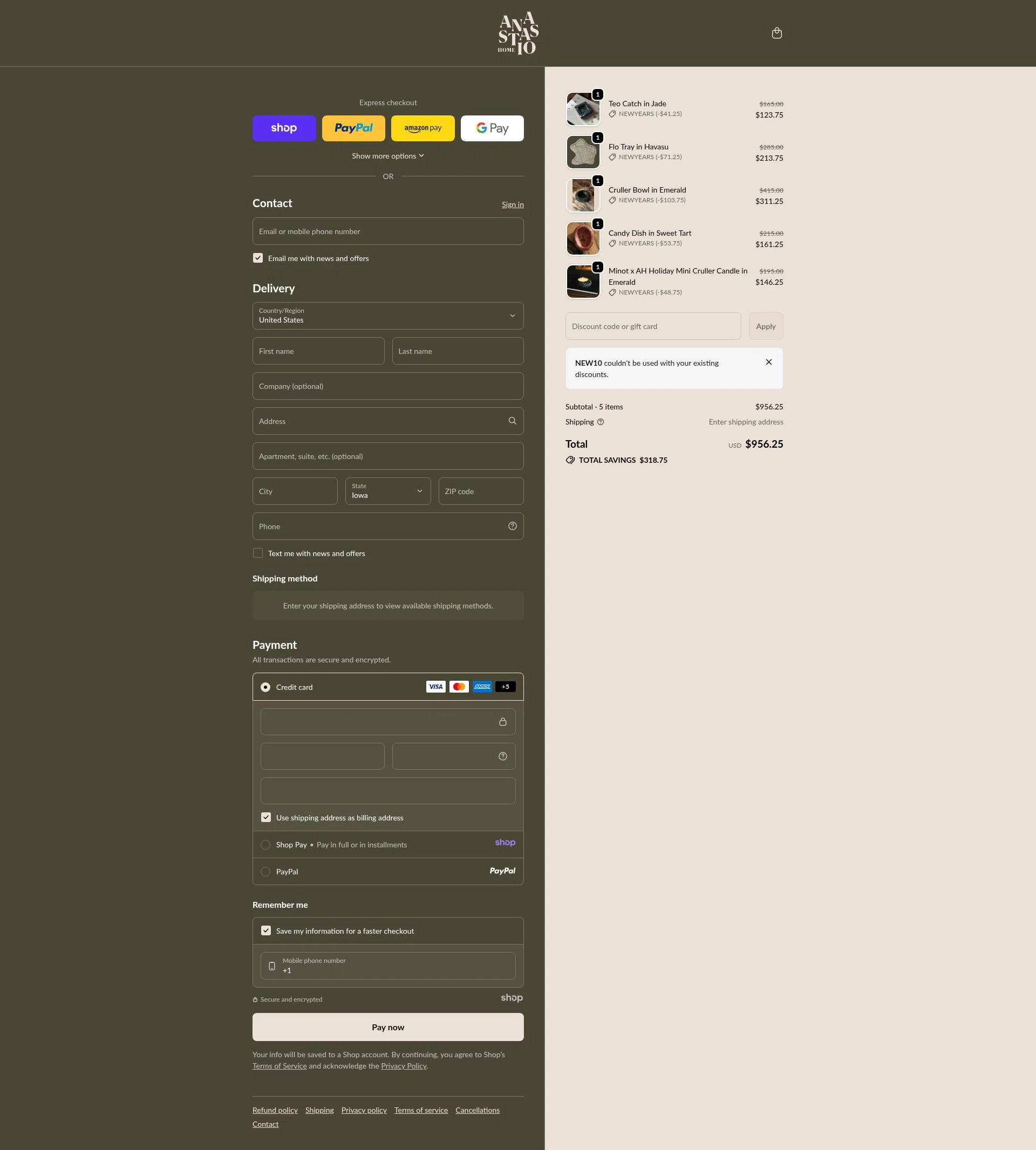 Anastasio Home checkout page showing Anastasio Home promo code box | Screenshot taken by SimplyCodes community member on Jan 2, 2026