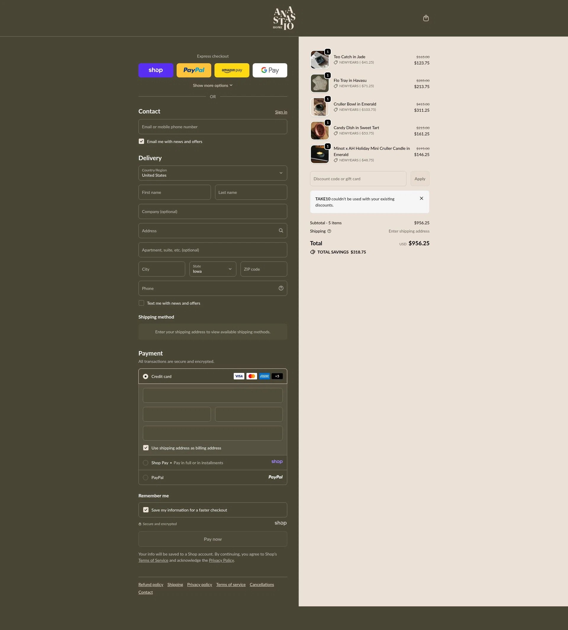 Anastasio Home checkout page showing Anastasio Home promo code box | Screenshot taken by SimplyCodes community member on Dec 28, 2025