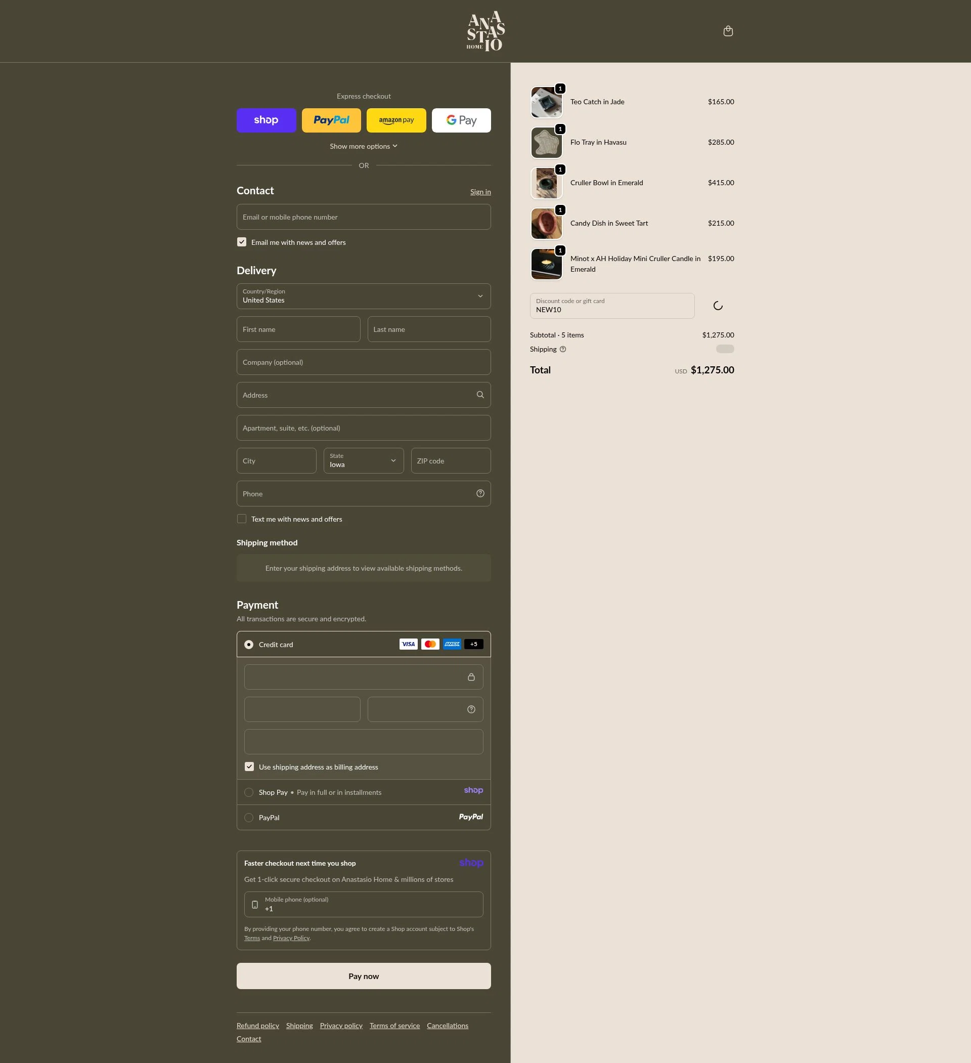 Anastasio Home checkout page showing Anastasio Home promo code box | Screenshot taken by SimplyCodes community member on Jan 8, 2026