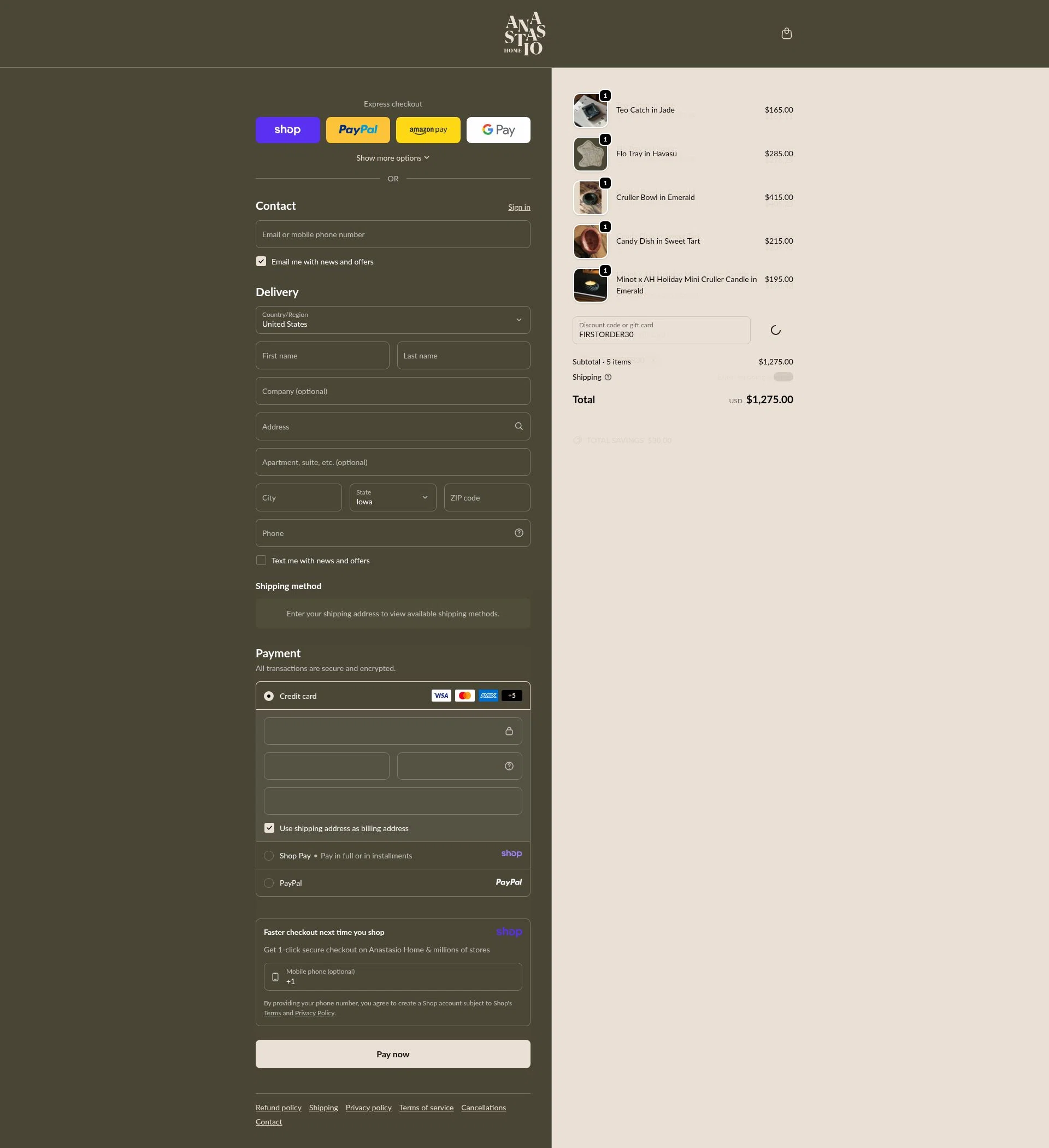 Anastasio Home checkout page showing Anastasio Home promo code box | Screenshot taken by SimplyCodes community member on Jan 8, 2026