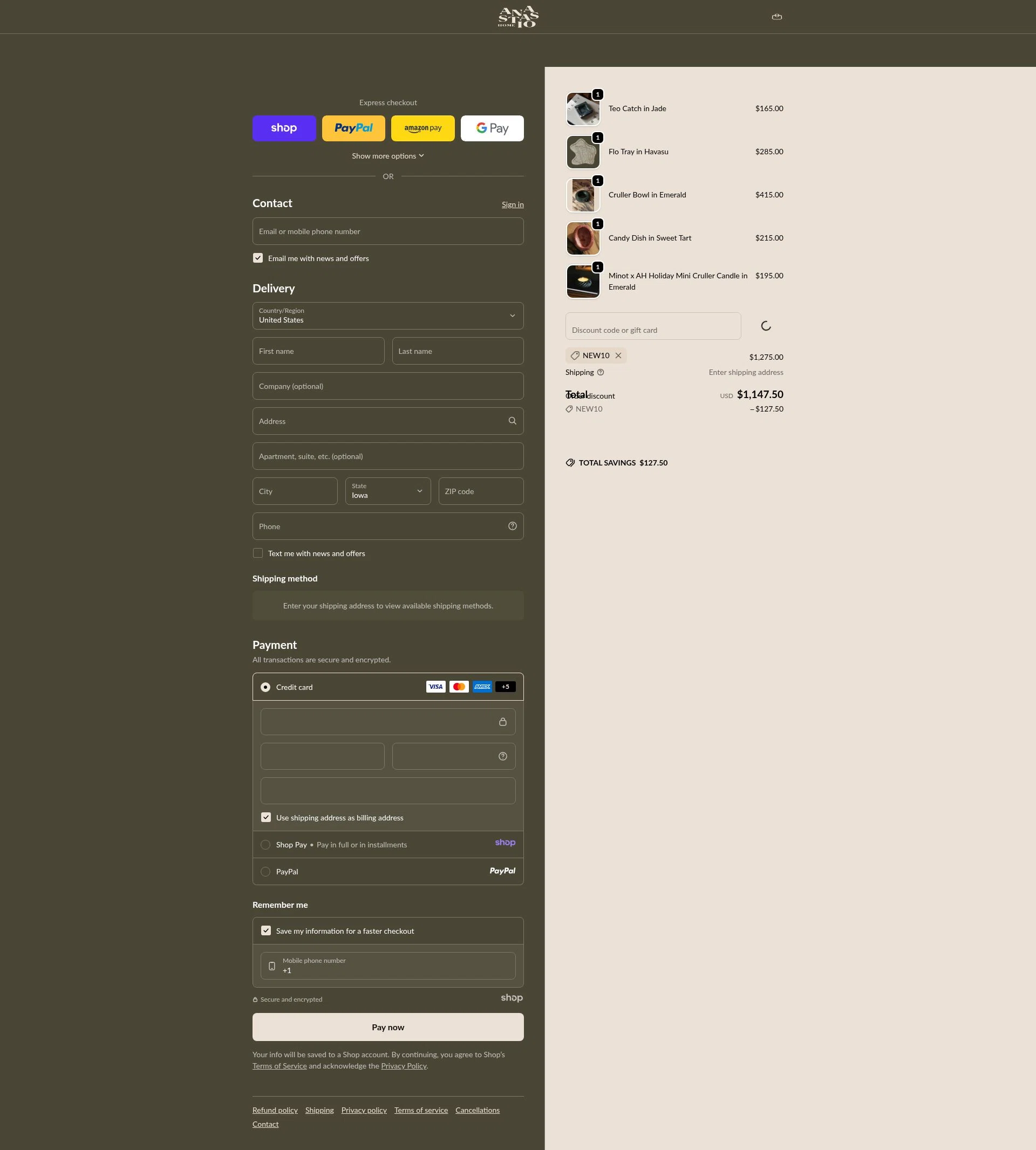 Anastasio Home checkout page showing Anastasio Home promo code box | Screenshot taken by SimplyCodes community member on Dec 24, 2025