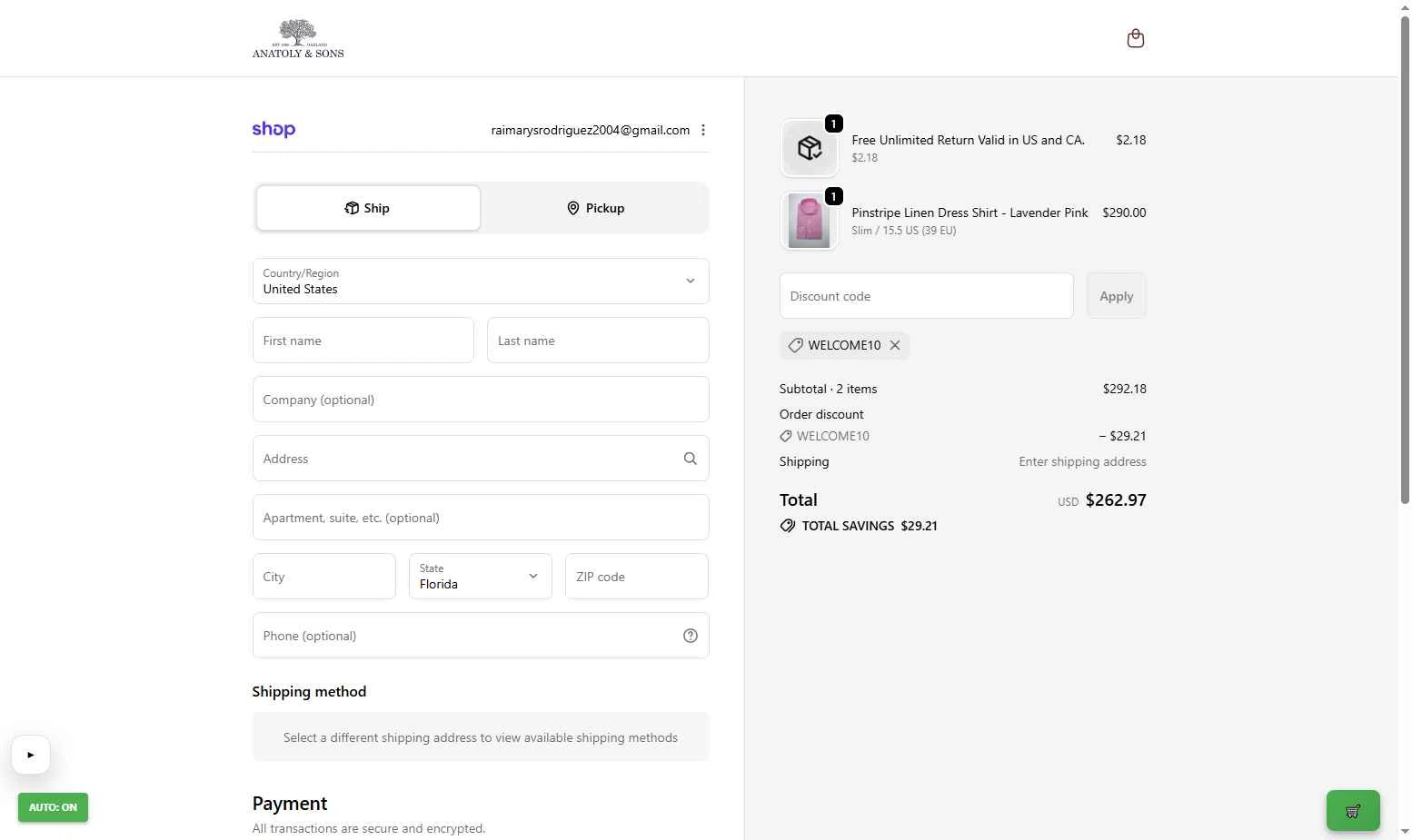 Anatoly's checkout page showing Anatoly's promo code box | Screenshot taken by SimplyCodes community member on Jan 20, 2026