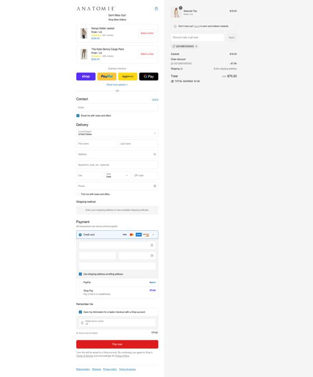Anatomie checkout page showing Anatomie discount code box | Screenshot taken by SimplyCodes community member on Sep 4, 2025