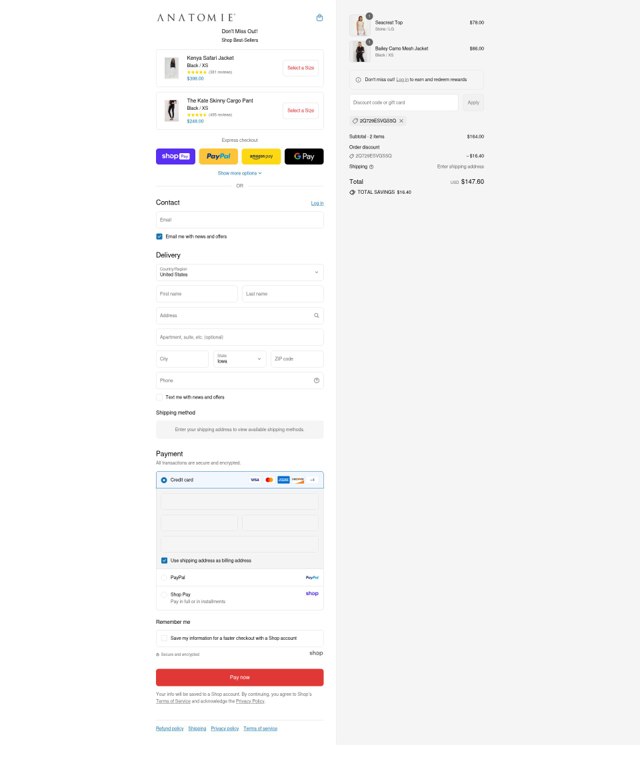 Anatomie checkout page showing Anatomie discount code box | Screenshot taken by SimplyCodes community member on Aug 27, 2025