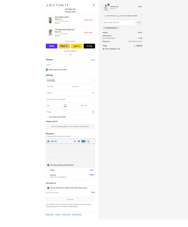 Anatomie checkout page showing Anatomie discount code box | Screenshot taken by SimplyCodes community member on Aug 31, 2025