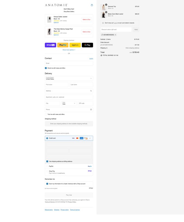Anatomie checkout page showing Anatomie discount code box | Screenshot taken by SimplyCodes community member on Aug 23, 2025