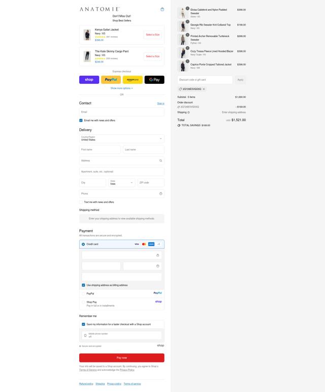 Anatomie checkout page showing Anatomie discount code box | Screenshot taken by SimplyCodes community member on Sep 12, 2025