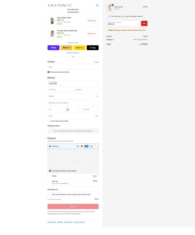 Anatomie checkout page showing Anatomie discount code box | Screenshot taken by SimplyCodes community member on Aug 31, 2025