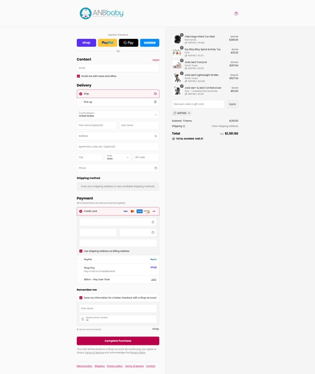 ANB Baby checkout page showing ANB Baby coupon code box | Screenshot taken by SimplyCodes community member on Sep 4, 2025