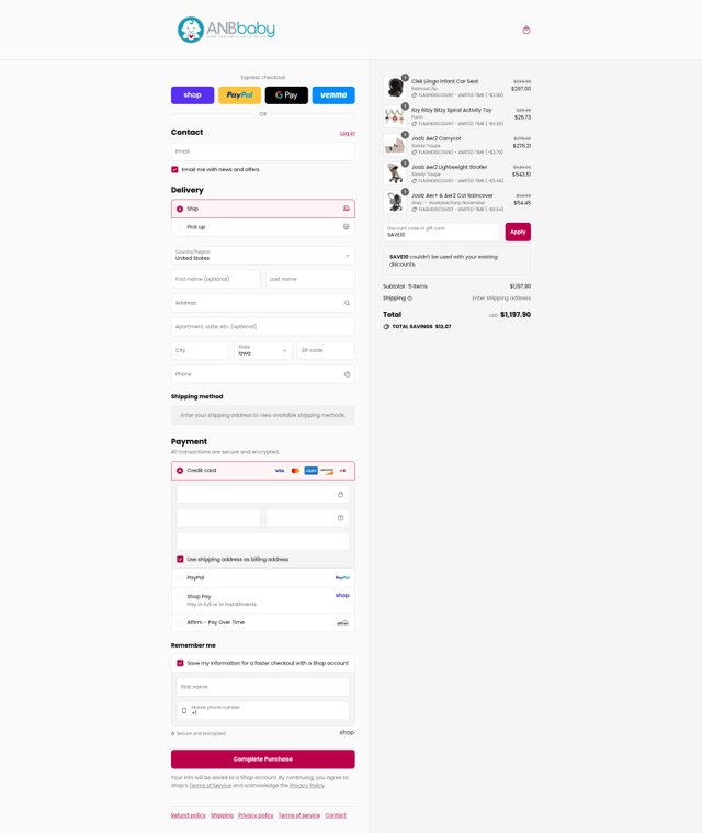 ANB Baby checkout page showing ANB Baby coupon code box | Screenshot taken by SimplyCodes community member on Sep 4, 2025