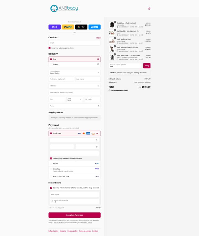 ANB Baby checkout page showing ANB Baby coupon code box | Screenshot taken by SimplyCodes community member on Aug 31, 2025
