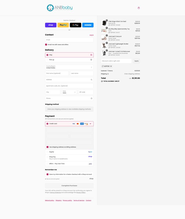 ANB Baby checkout page showing ANB Baby coupon code box | Screenshot taken by SimplyCodes community member on Sep 4, 2025
