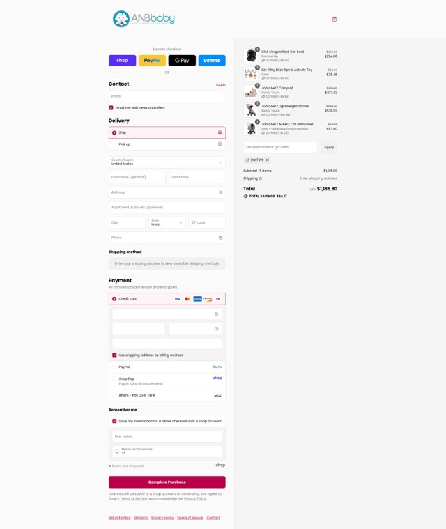 ANB Baby checkout page showing ANB Baby coupon code box | Screenshot taken by SimplyCodes community member on Sep 4, 2025