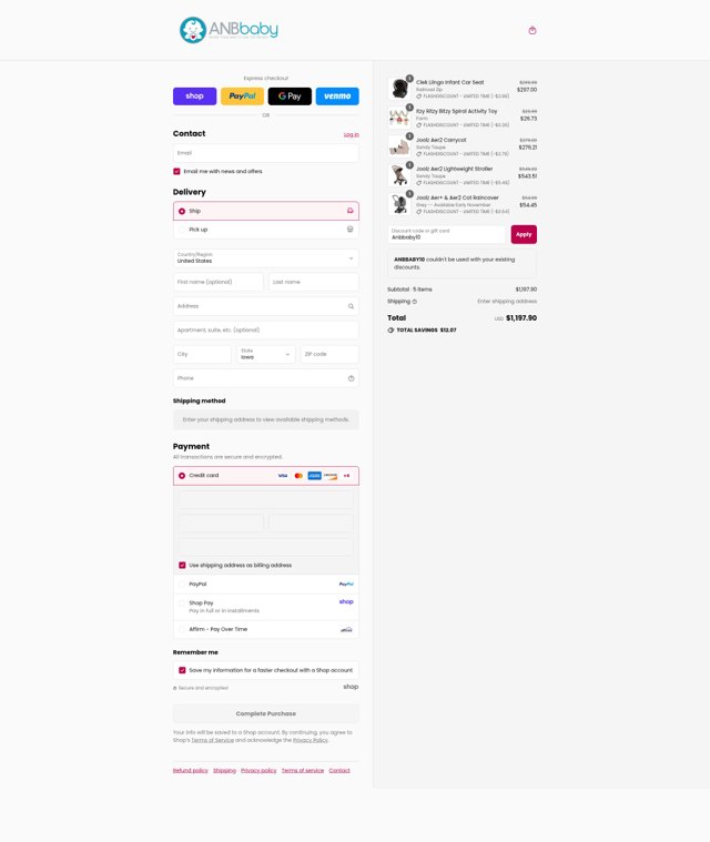 ANB Baby checkout page showing ANB Baby coupon code box | Screenshot taken by SimplyCodes community member on Sep 4, 2025