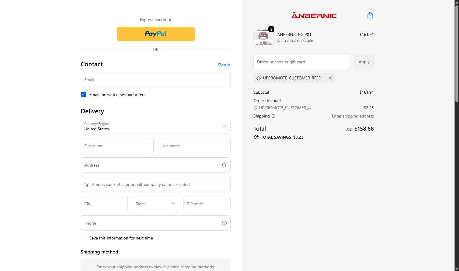 Anbernic checkout page showing Anbernic discount code box | Screenshot taken by SimplyCodes community member on Jan 6, 2026