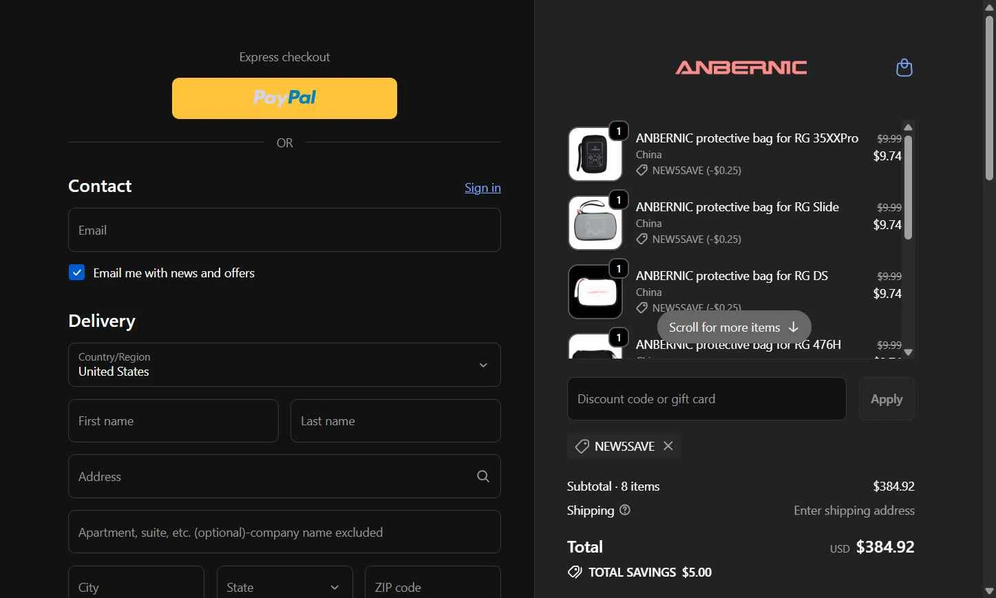 Anbernic checkout page showing Anbernic discount code box | Screenshot taken by SimplyCodes community member on Dec 17, 2025
