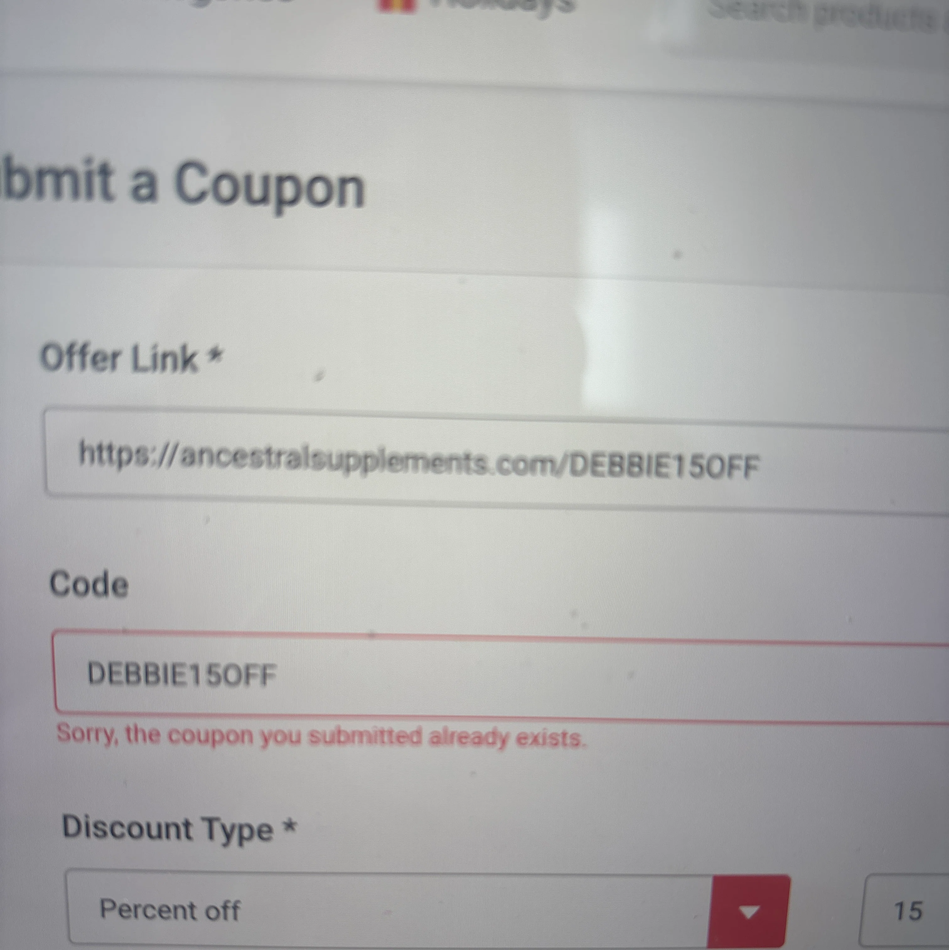 Ancestral Supplements discount code screenshot showing code DEBBIE15OFF applied at Ancestral Supplements checkout page. Uploaded by SimplyCodes community member DebFalc on Feb 8, 2026