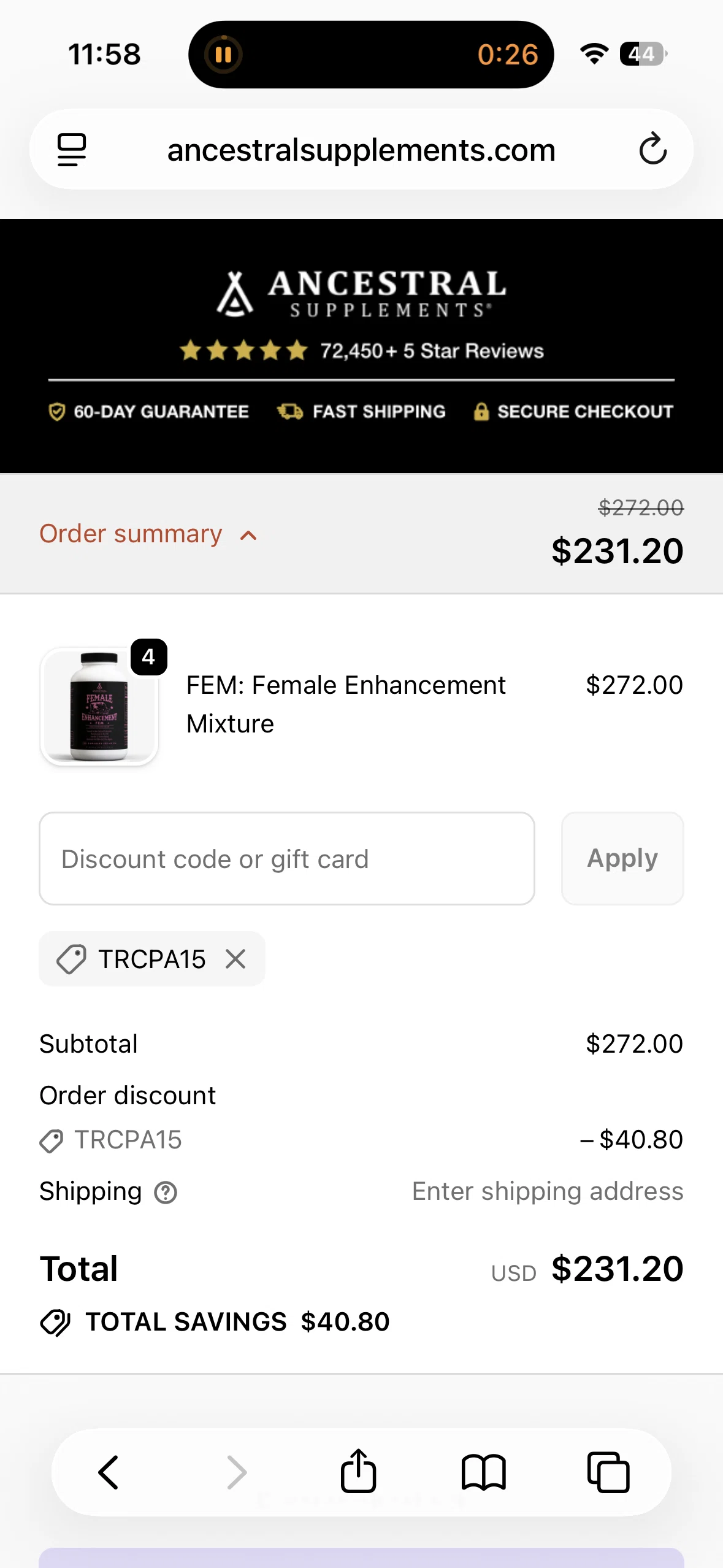 Ancestral Supplements discount code screenshot showing code TRCPA15 applied at Ancestral Supplements checkout page. Uploaded by SimplyCodes community member ShrewdDefender2428 on Jan 19, 2026