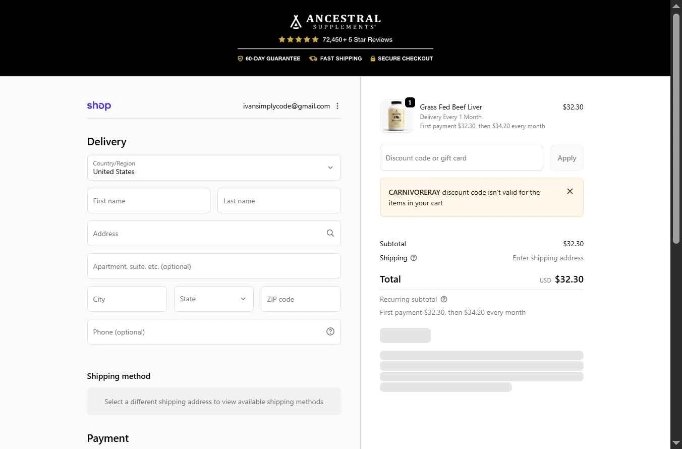 Ancestral Supplements checkout page showing Ancestral Supplements discount code box | Screenshot taken by SimplyCodes community member on Feb 11, 2026