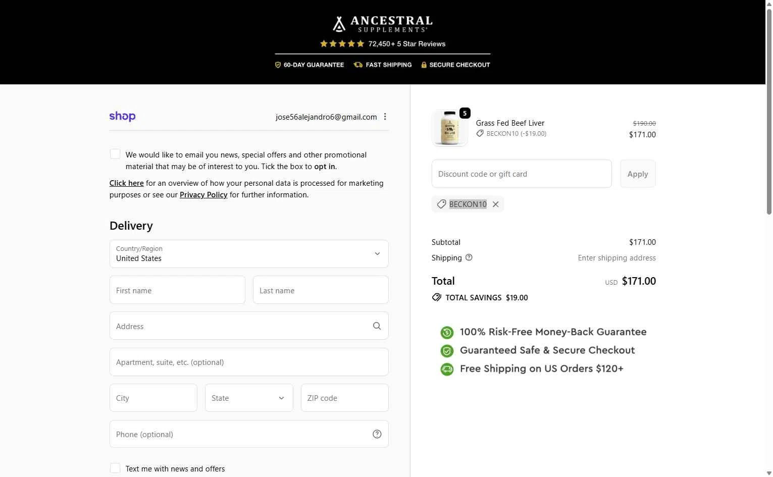 Ancestral Supplements checkout page showing Ancestral Supplements discount code box | Screenshot taken by SimplyCodes community member on Feb 9, 2026