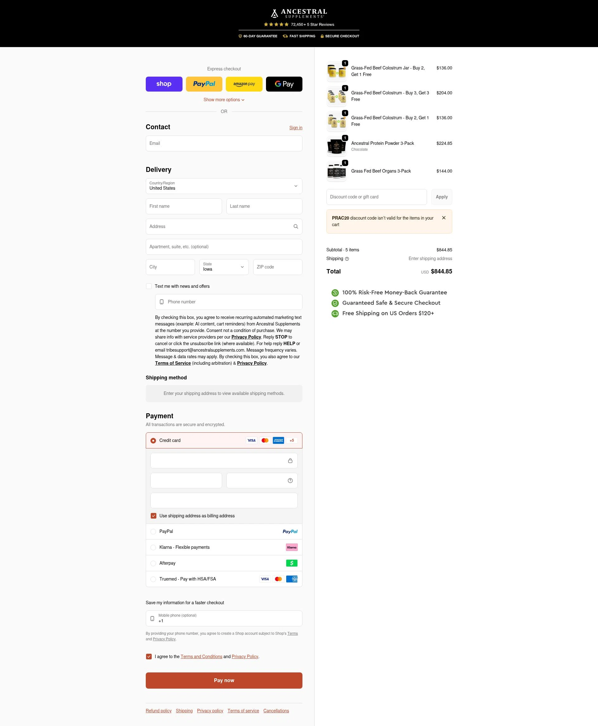 Ancestral Supplements checkout page showing Ancestral Supplements discount code box | Screenshot taken by SimplyCodes community member on Feb 9, 2026