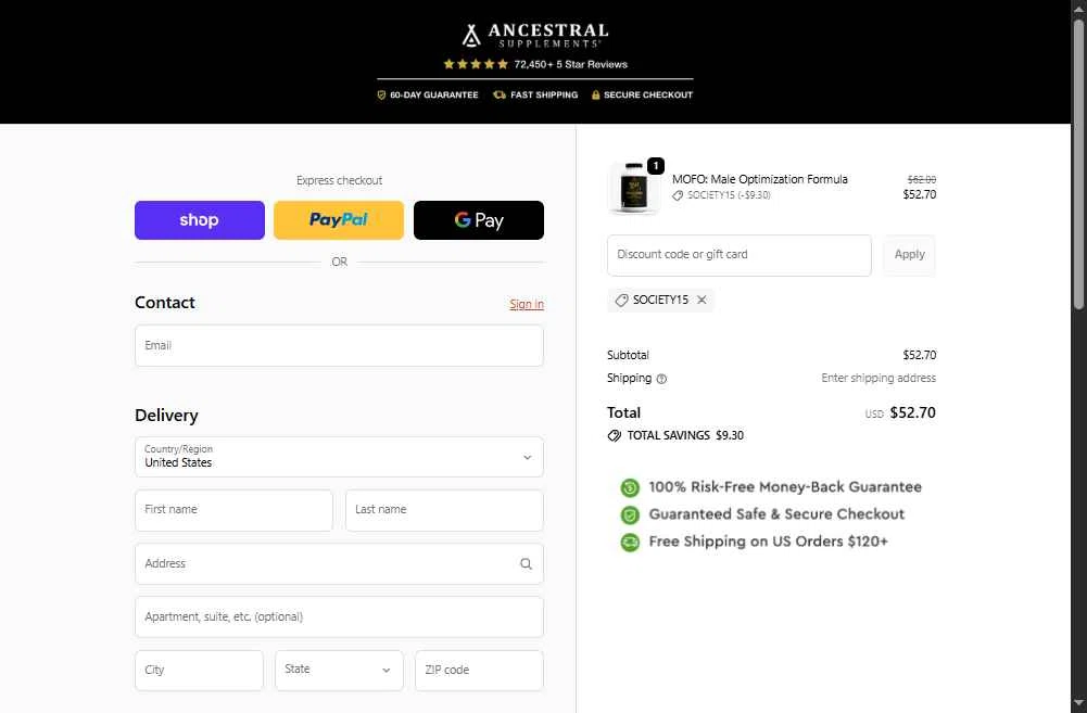 Ancestral Supplements checkout page showing Ancestral Supplements discount code box | Screenshot taken by SimplyCodes community member on Feb 9, 2026
